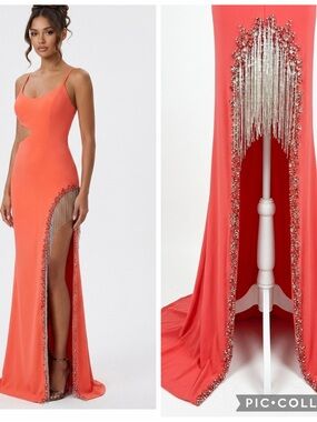 MAC DUGGAL SAMPLE 44006 Coral Cutout gown beaded Fringe size xs